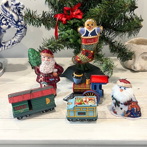 Vintage Lot Tin Hallmark Ornaments Locomotive Santa Snowman Train Car DAD Candy - Picture 1 of 16